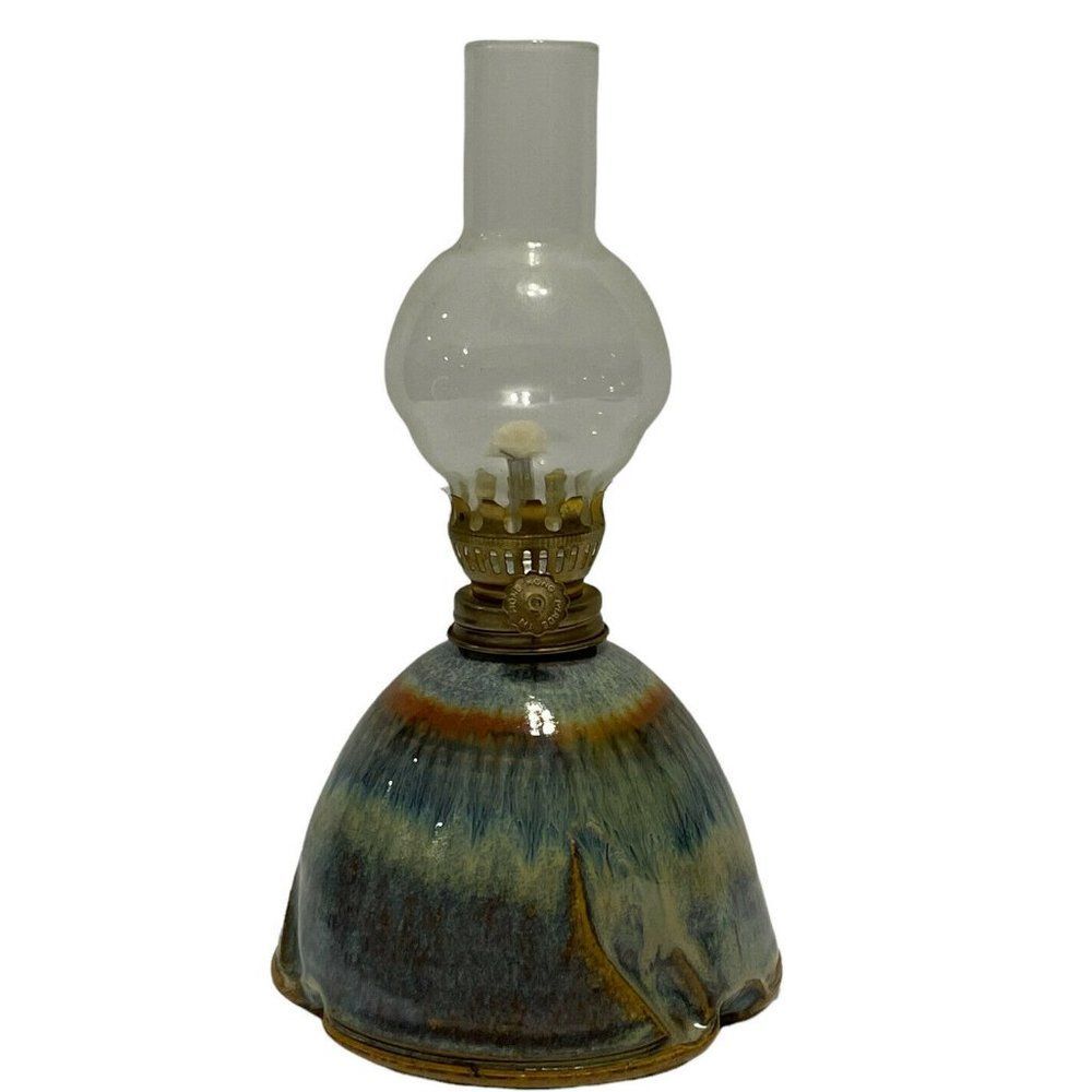 Vtg Stoneware Art Pottery Kerosene Oil Lamp Lantern Wick Globe Hong Kong signed